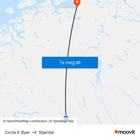 Circle K Øyer to Stjørdal map