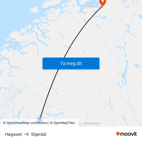 Høgeset to Stjørdal map