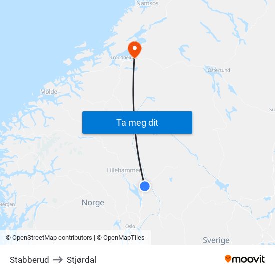 Stabberud to Stjørdal map