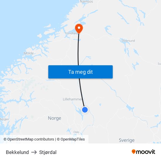 Bekkelund to Stjørdal map