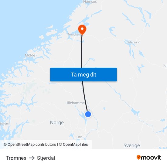 Trømnes to Stjørdal map