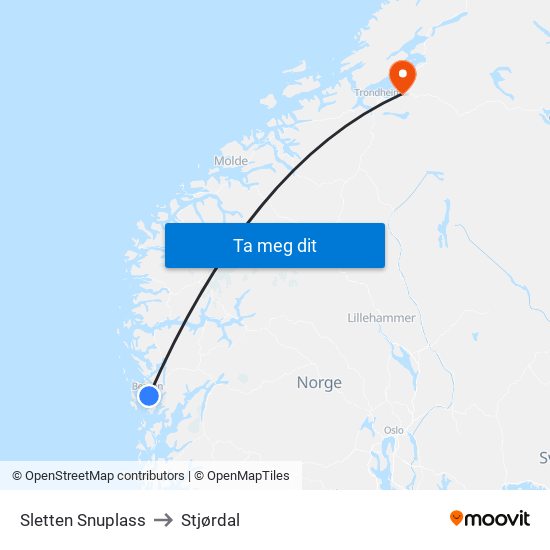 Sletten Snuplass to Stjørdal map