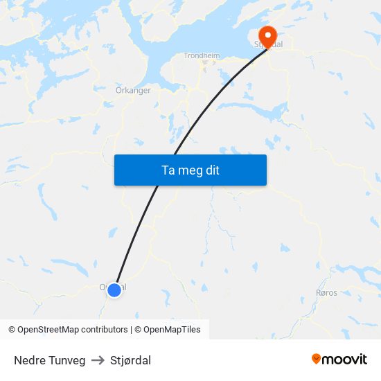 Nedre Tunveg to Stjørdal map