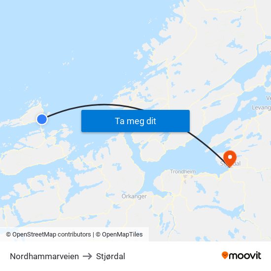 Nordhammarveien to Stjørdal map