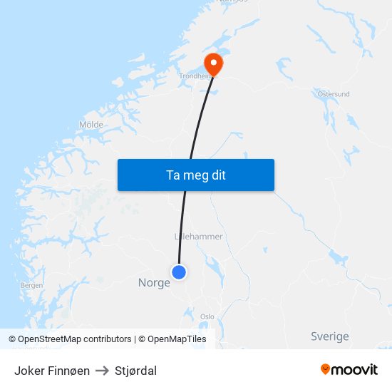 Joker Finnøen to Stjørdal map