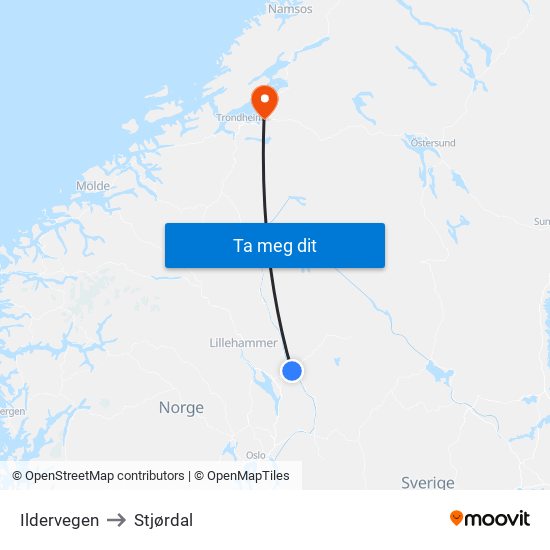 Ildervegen to Stjørdal map