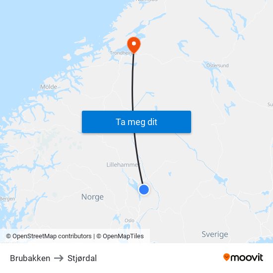 Brubakken to Stjørdal map