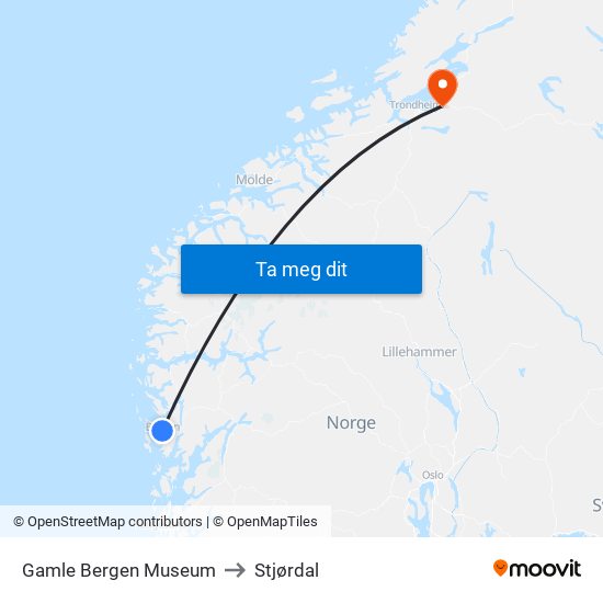 Gamle Bergen Museum to Stjørdal map