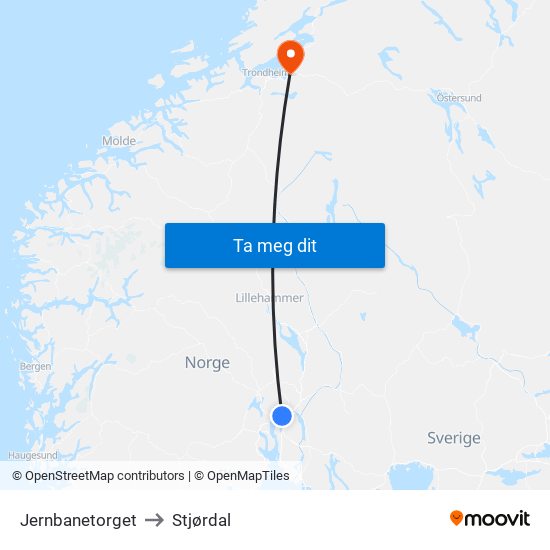 Jernbanetorget to Stjørdal map
