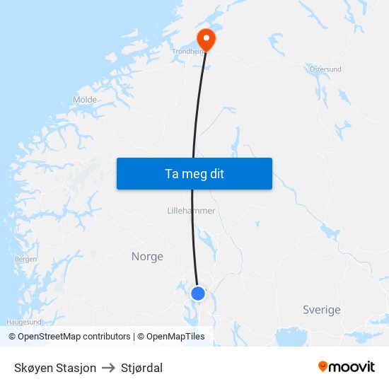 Skøyen Stasjon to Stjørdal map