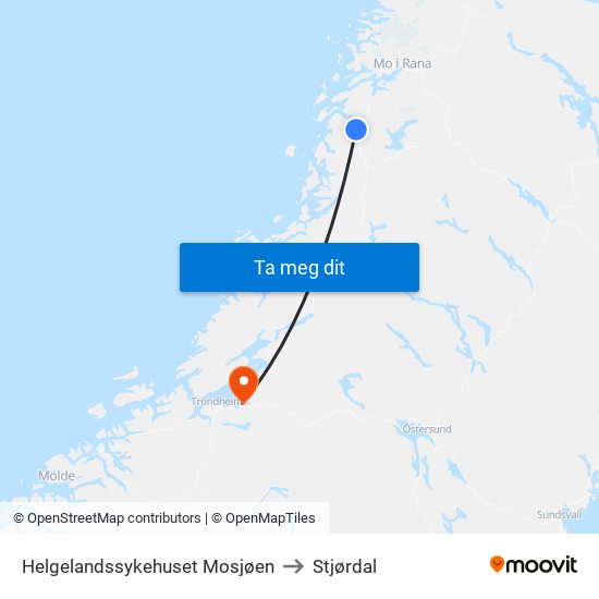 Helgelandssykehuset Mosjøen to Stjørdal map