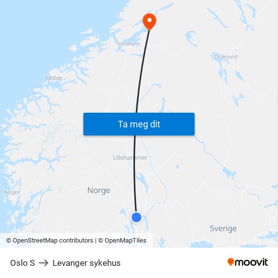 Oslo S to Levanger sykehus map