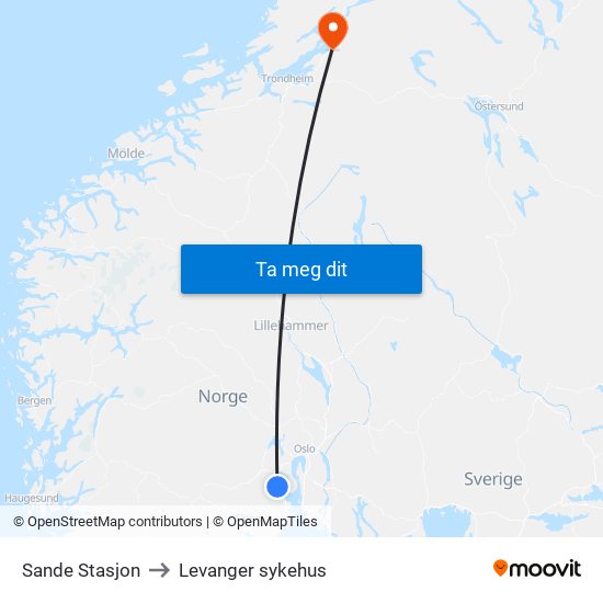 Sande Stasjon to Levanger sykehus map