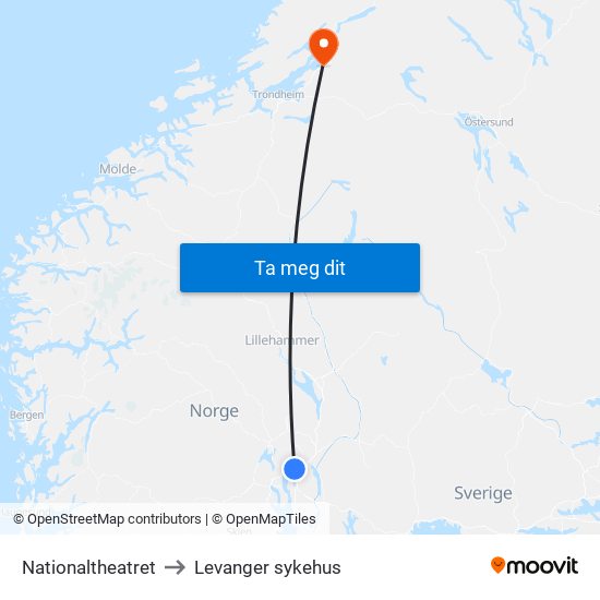 Nationaltheatret to Levanger sykehus map