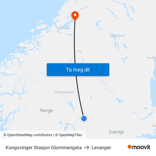 Kongsvinger Stasjon Glommengata to Levanger map