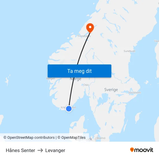 Hånes Senter to Levanger map