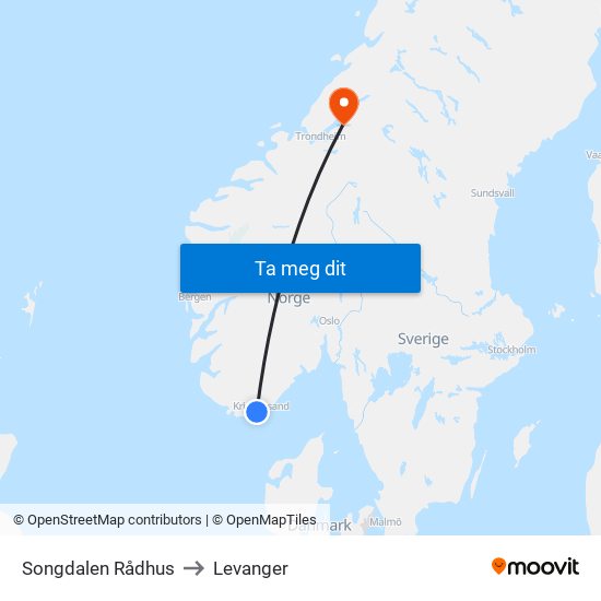 Songdalen Rådhus to Levanger map