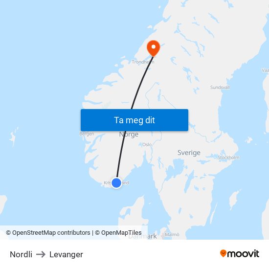 Nordli to Levanger map