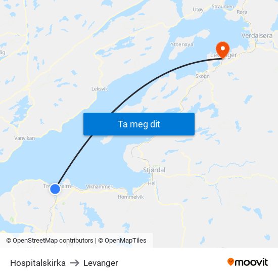 Hospitalskirka to Levanger map