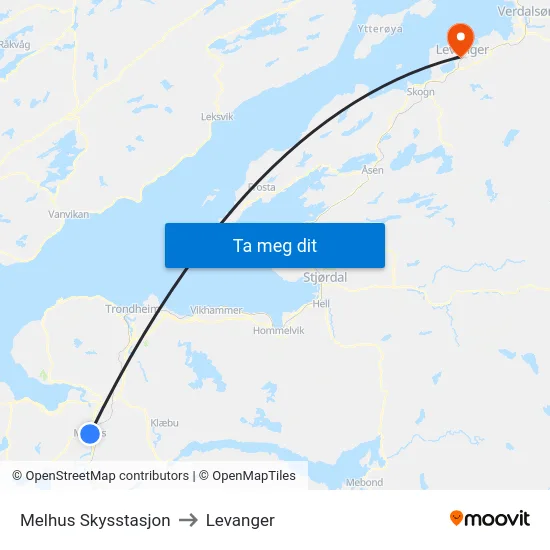 Melhus Skysstasjon to Levanger map