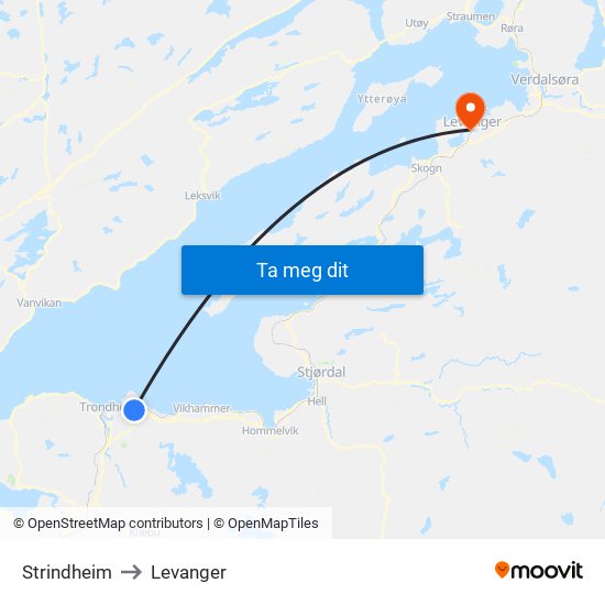 Strindheim to Levanger map