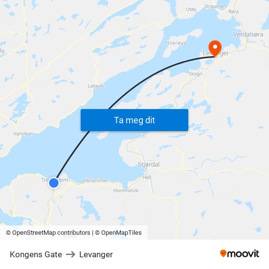Kongens Gate to Levanger map