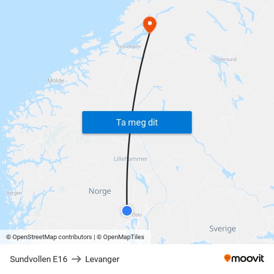Sundvollen E16 to Levanger map