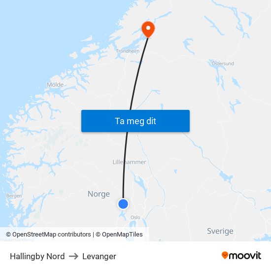 Hallingby Nord to Levanger map