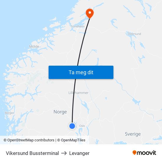 Vikersund Bussterminal to Levanger map
