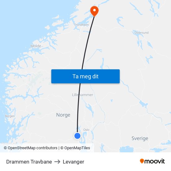 Drammen Travbane to Levanger map