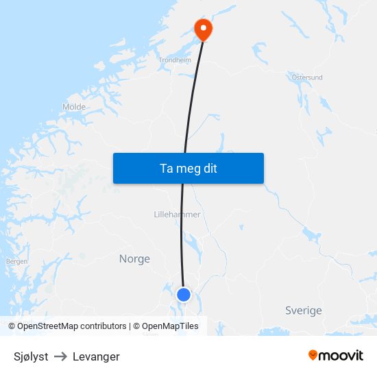 Sjølyst to Levanger map