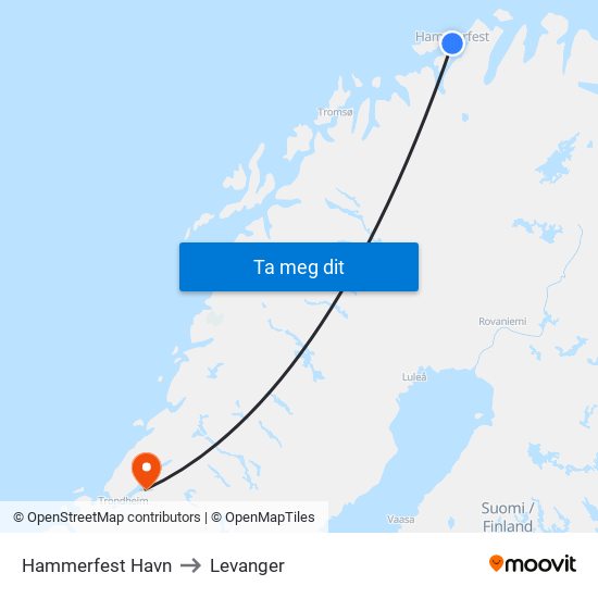 Hammerfest Havn to Levanger map