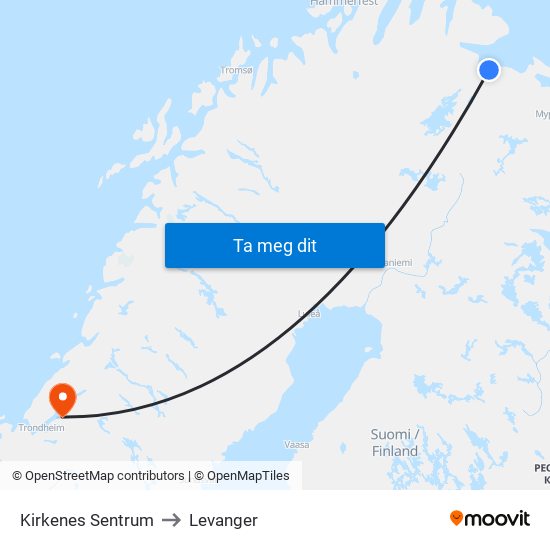 Kirkenes Sentrum to Levanger map