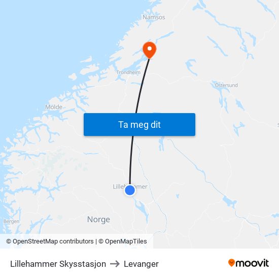 Lillehammer Skysstasjon to Levanger map