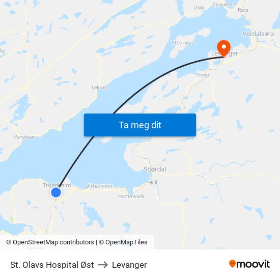 St. Olavs Hospital Øst to Levanger map