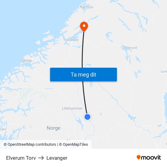 Elverum Torv to Levanger map