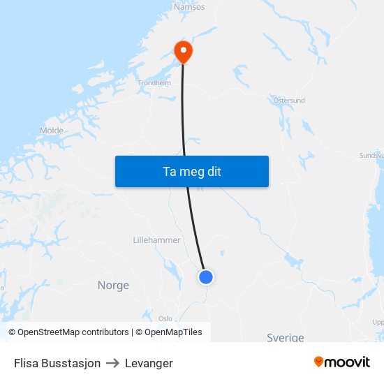 Flisa Busstasjon to Levanger map