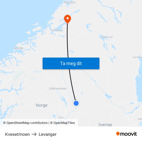 Kvesetmoen to Levanger map