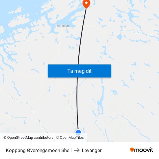Koppang Øverengsmoen Shell to Levanger map