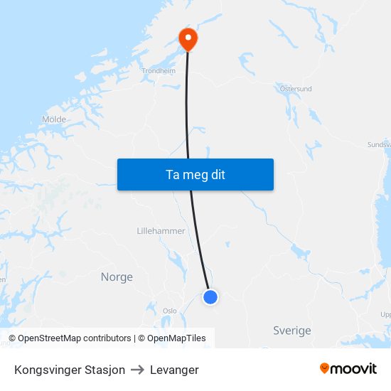 Kongsvinger Stasjon to Levanger map