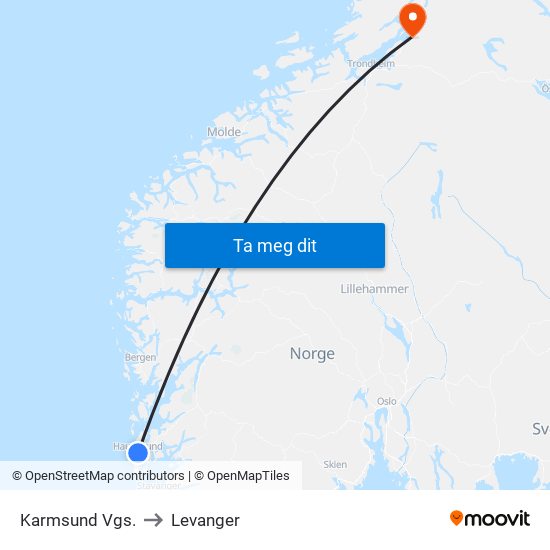 Karmsund Vgs. to Levanger map