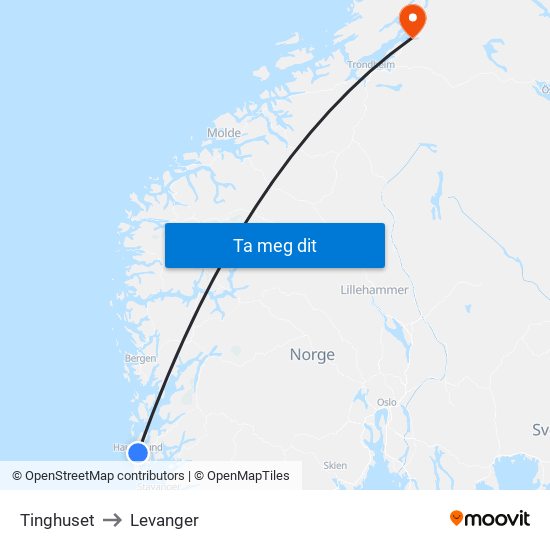 Tinghuset to Levanger map