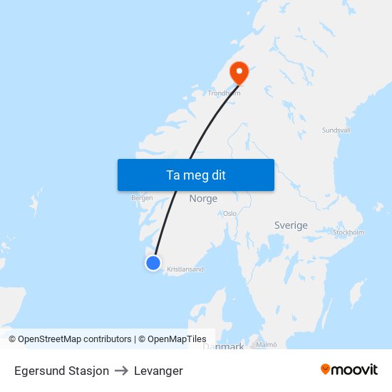 Egersund Stasjon to Levanger map