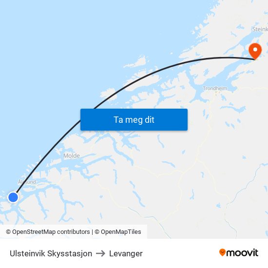 Ulsteinvik Skysstasjon to Levanger map