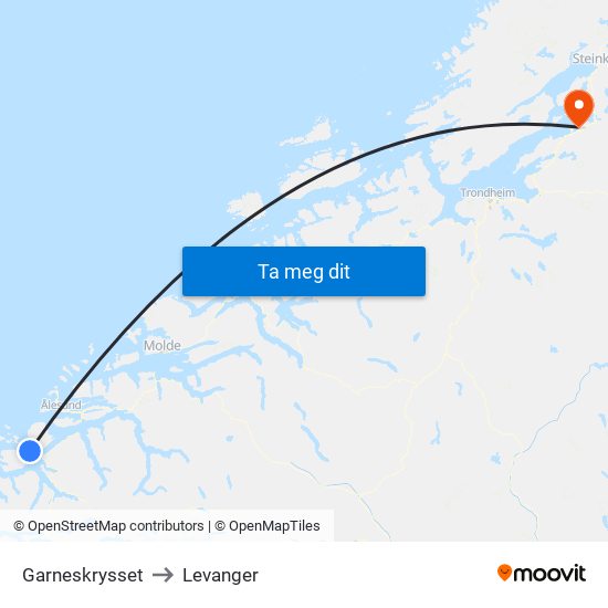 Garneskrysset to Levanger map