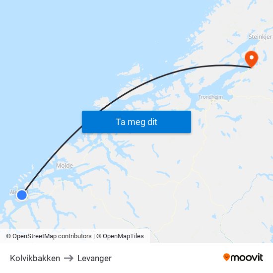 Kolvikbakken to Levanger map