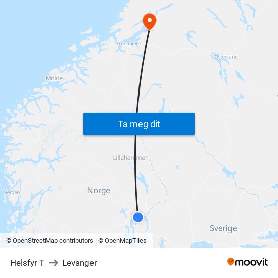 Helsfyr T to Levanger map
