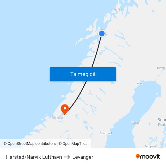 Harstad/Narvik Lufthavn to Levanger map