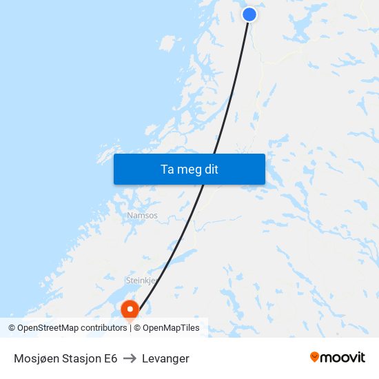 Mosjøen Stasjon E6 to Levanger map