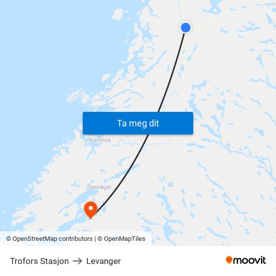 Trofors Stasjon to Levanger map